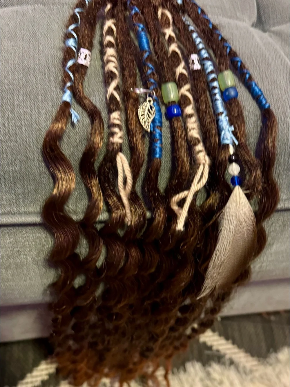 Boho Curly Brown Hair Extensions with Blue Bead Accents
